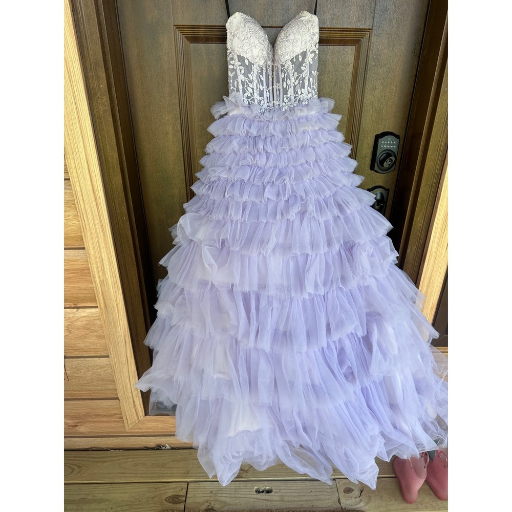Alyce Paris Lilac Tulle Ruffle Ball Prom Gown Strapless Lace Corset Dress SZ 0